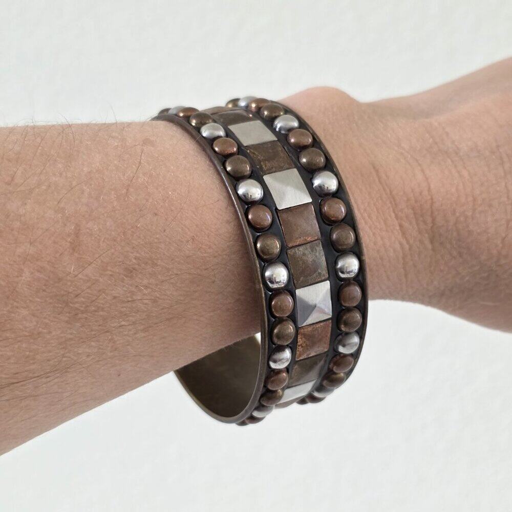 Vintage Wide Mixed Metal Studded Bangle Bracelet Copper Brass Silver One Size - Picture 2 of 11
